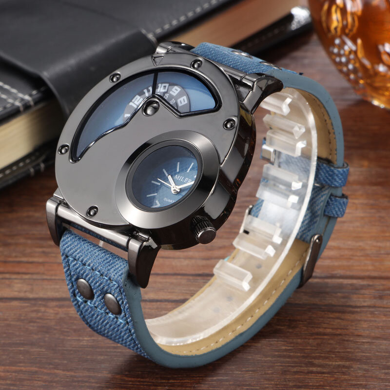 MILER-relojes deportivos para hombre, pulsera de cuarzo con correa de cuero y tela azul, 2 zonas horarias, 2019