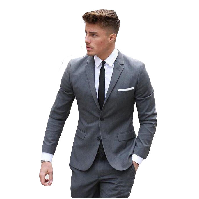 Traje de dos piezas para hombre, esmoquin de boda ajustado, traje de negocios para novio, chaqueta y pantalones, color gris, novedad de 2020