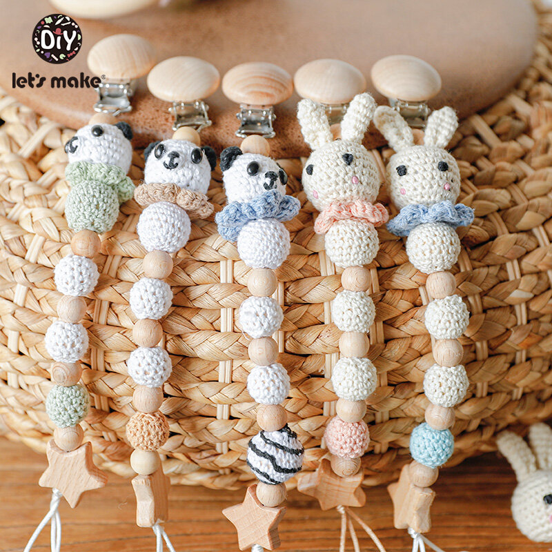 Let's make – Chaîne de sucette avec crochet pour bébé, attache tétine, motif lapin ou panda, clips en bois, anneau de dentition à perles pour nouveau-né, clip factice, 1 pièce