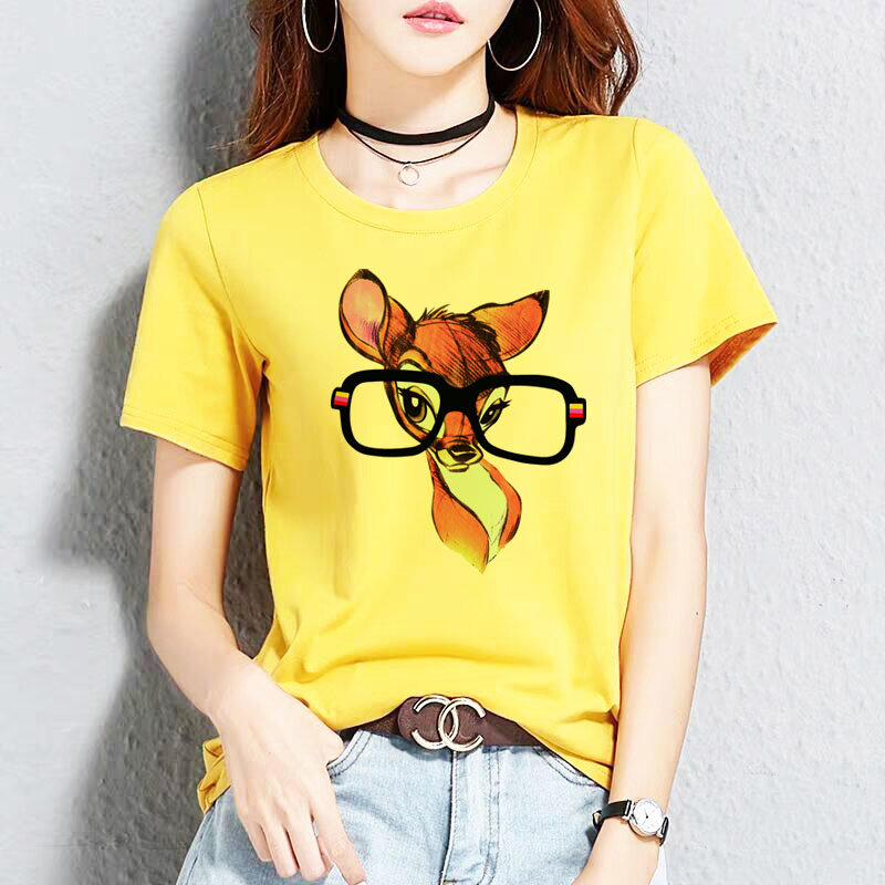 T-shirt imprimé faon de cerf de dessin animé mignon pour dames, chemise d'été, d'échantillons ized, nouveau style