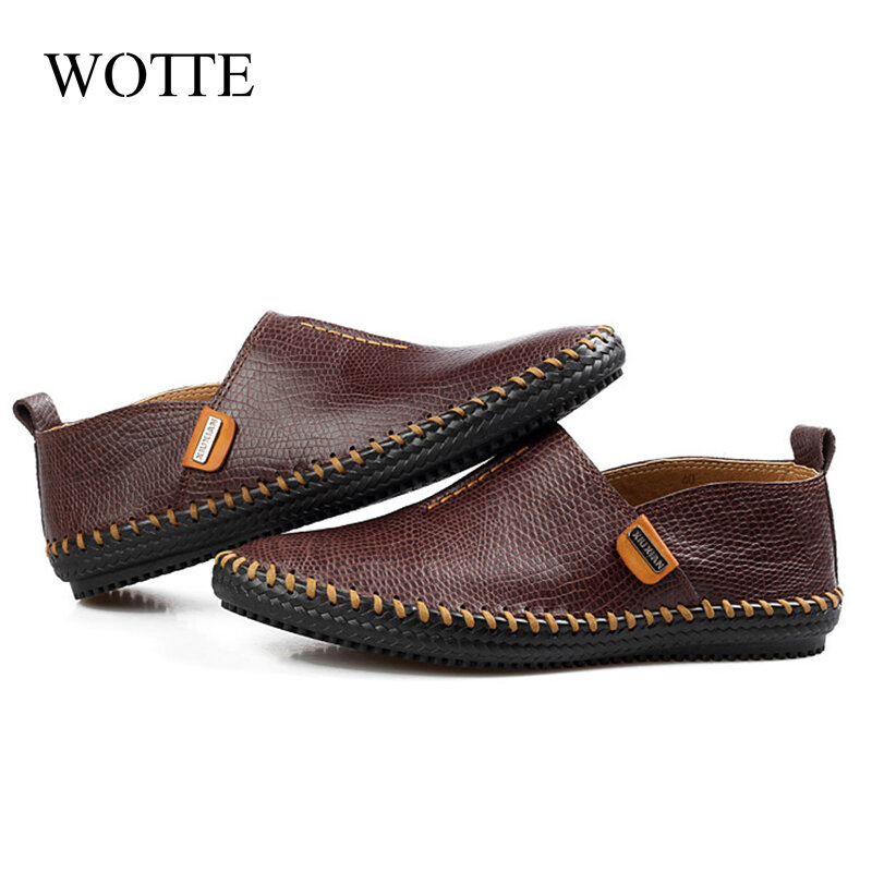 WOTTE Men Casual Shoes Breathable Soft Leather Loafers Comfortable England Driving Shoes For Men Chaussure Homme Big Size 38-45