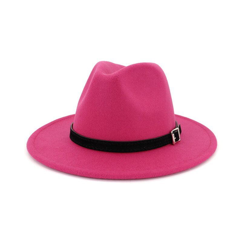 QIUBOSS Men Women Wide Brim Wool Felt Fedora Panama Hat with Belt Buckle Jazz Trilby Cap Party Formal Top Hat In White,black