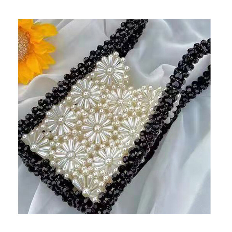 Chrysanthemum Portable Clear Bags for Women Black Border White Pearl Braided Pearl Transparent Bag Summer Flower Acrylic Purse