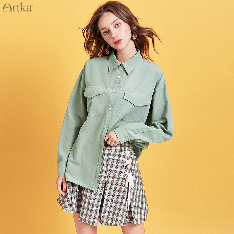 ARTKA-Blusa informal holgada de manga larga para mujer, camisa minimalista con cuello vuelto, Color puro, para Primavera, 2020