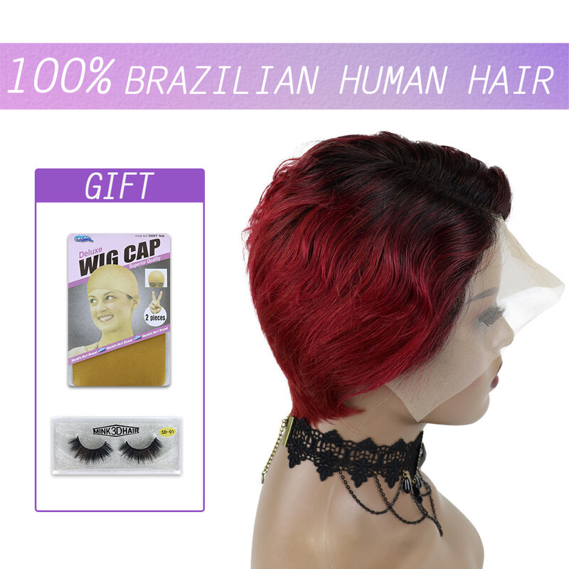 Peluca corto Borgoña Pixie encaje rizado pelucas de cabello humano brasileño cabello Remy 13x4 Bob peluca para las mujeres negras 150% de densidad de calidad