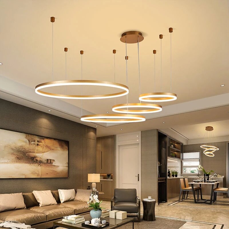 Nowoczesne wisiorek LED światła złoty czarny wystrój pokoju kawy oświetlenie do sypialni lampa do salonu szczotkowane pierścienie luksusowe Home Decoration