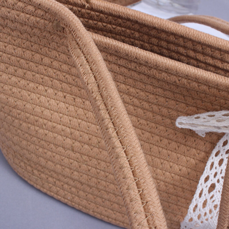 Straw Cotton Woven Bags Female Handbag Lace Bow Shoulder Bag Beach Vacation Lightweight Basket Style Top-handle