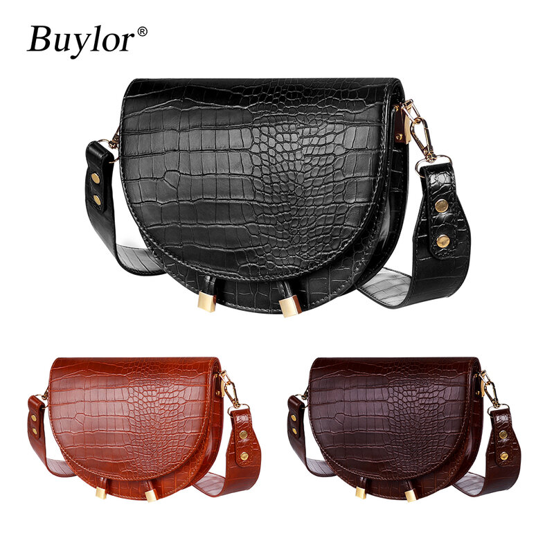 Buylor-Bolsos de hombro de lujo para mujer, bolso cruzado con patrón de cocodrilo, bolso de mensajero de cuero PU medio redondo