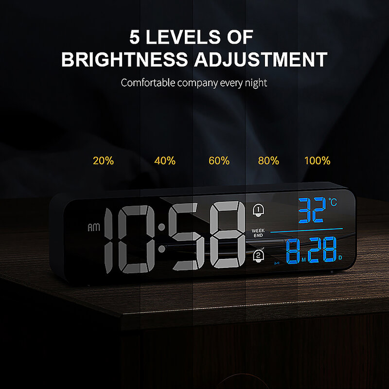 Muzyka cyfrowy budzik LED zegar temperatury wyświetlanie daty lusterko biurkowe zegary dekoracje na stół zegar elektroniczny 2000 mAh