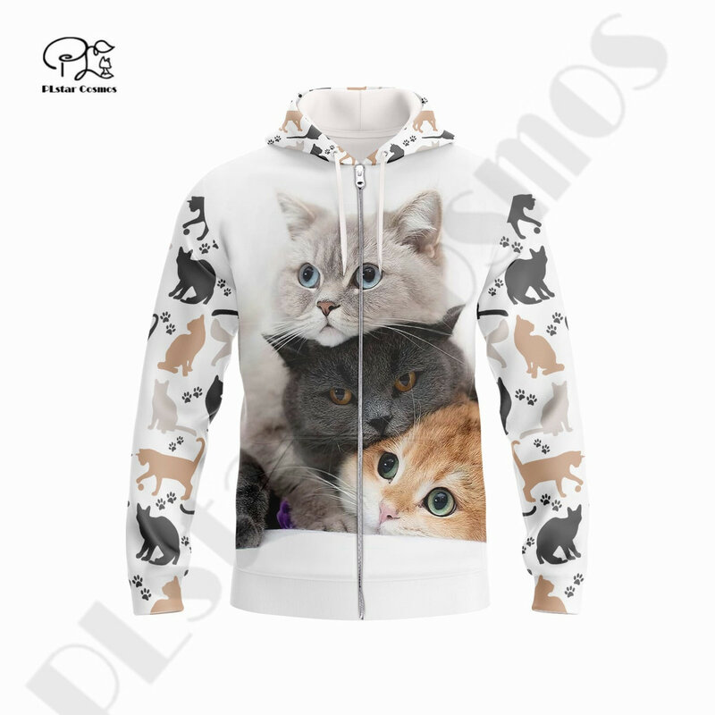 PLstar Cosmos-Sudadera con capucha y cremallera para hombre y mujer, suéter Unisex con estampado de gato en 3D, ropa de calle de primera calidad, A-7