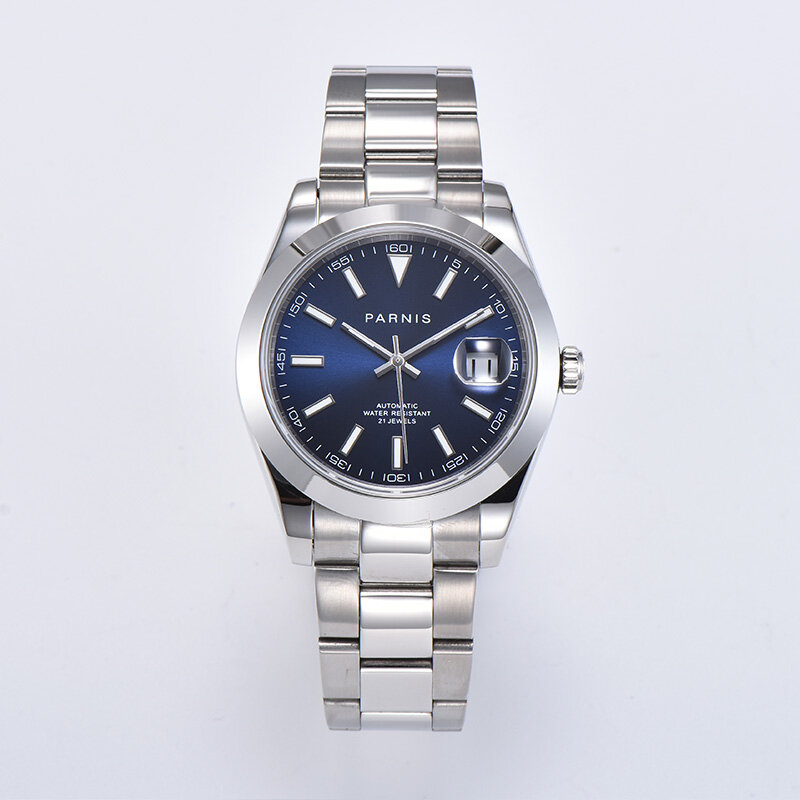 Parnis นาฬิกาผู้ชายหน้าปัดสีฟ้าปฏิทิน Miyota การเคลื่อนไหว8215 21 JEWELS นาฬิกาข้อมือผู้ชายอัตโนมัติ orologio Uomo 2023