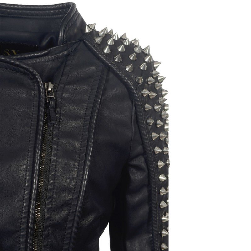 Rivet Punk Faux Leather PU Jacket Women Fashion Winter Motorcycle Jacket Black Faux Leather Coat Outerwear Bomber Warm Plus Size