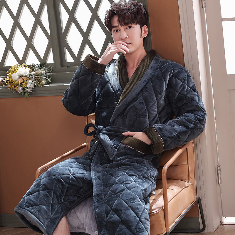 Men's Winter Letter Jacquard Bathrobe Home Clothes Long Sleeved Flannel Quilted Robe Coat Male Keep Warm Long Bath Robes XXXL