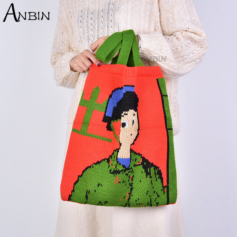 Torebka damska wełniana dzianinowa torba na ramię na zakupy dla kobiet postacie z kreskówek moda bawełniana tkanina dziewczyny Tote duża torebka wielokrotnego użytku