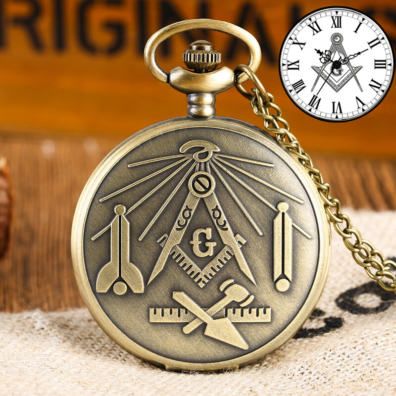 Reloj de bolsillo de cuarzo con colgante de collar Retro, masónico de bronce, Cuadrado cromado y brújula, los mejores regalos para Freemason