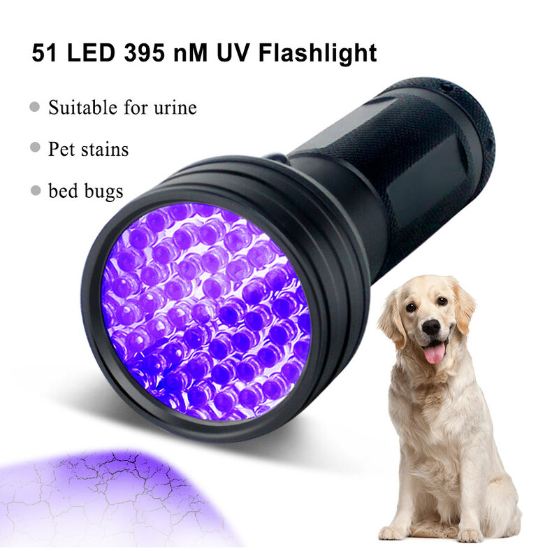 100/51 LED Senter Lampu Hitam Baterai AA Tahan Air Kualitas Tinggi Lampu UV 395 Nm untuk Anjing/Kucing Hewan Peliharaan Detektor Urin Kering Noda Bug