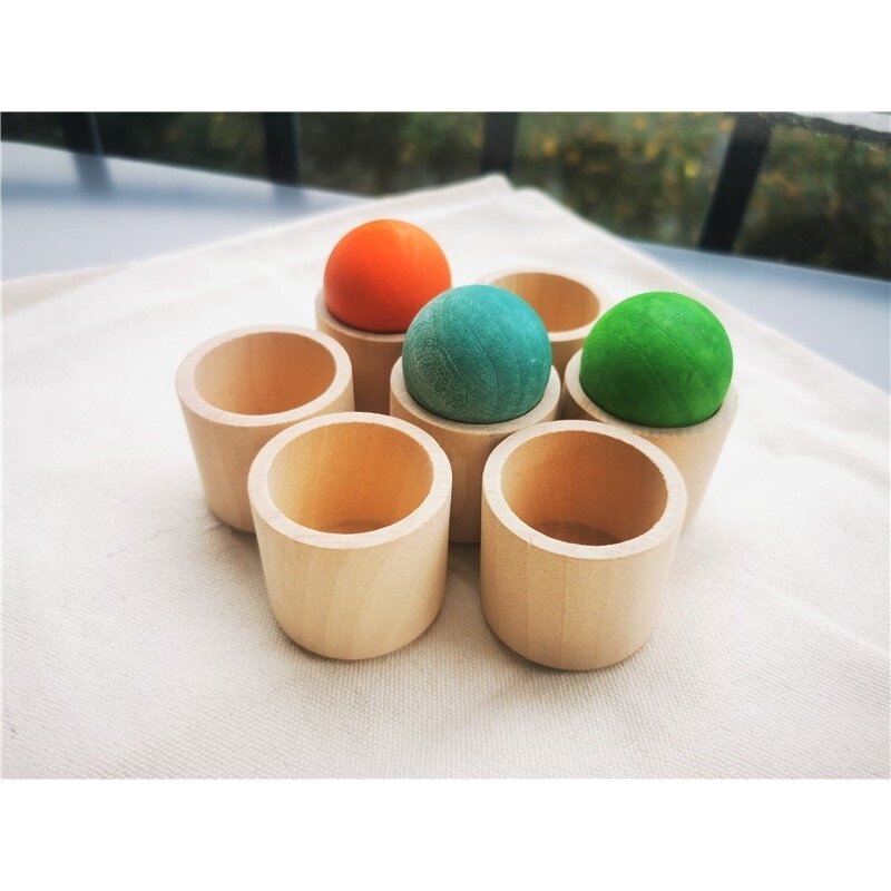 몬테소리 페그 인형 및 반지, 어린이 나무 장난감 색상 정렬 나무 공 레인보우 & 파스텔 구 트레이 언페인트 컵