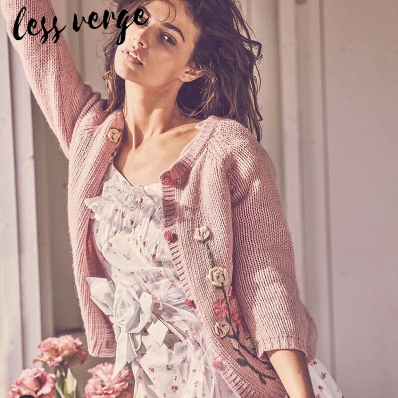 Lessverge Floral embroidery short knitted cardigan Women casaul blue cashmere jumper Autumn winter female pink cute sweater 2019