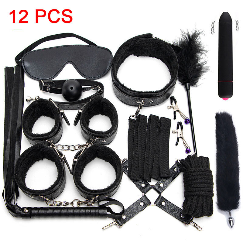 Exotic Accessories Plush Sex Bondage Set Sexy Leather BDSM Kits Handcuffs Sex Games Whip Gag Nipple Clamps Sex Toys For Couples