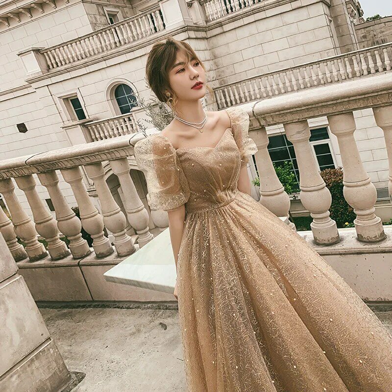 Women's Banquet Gowns Puff Sleeve A-Line Elegant Celebrity Dresses Lace-Up Pearls Embroidery Appliques Graceful Pageant Dress
