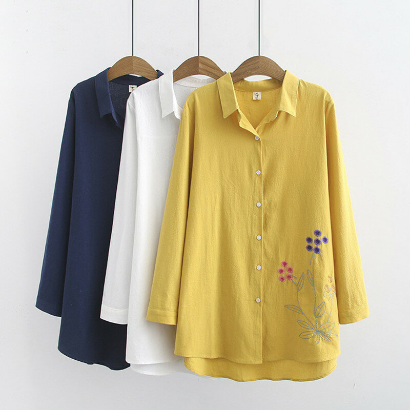 Новый Женский Повседневный Топ плюс размер 4XL вышивка хлопковая рубашка Топ Женская весенне-летняя однобортная блуза с длинным рукавом LM234