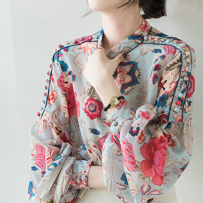 Рубашка женская с воротником-стойкой, винтажная элегантная Макси рубашка с цветочным принтом, длинными рукавами-фонариками, NS709, весна-лето
