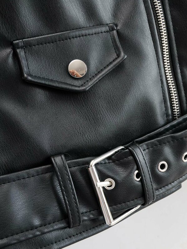 PU Faux Leather Jacket Women Loose Sashes Casual Biker Jackets Outwear Female Tops BF Style Black Leather Jacket Coat Black