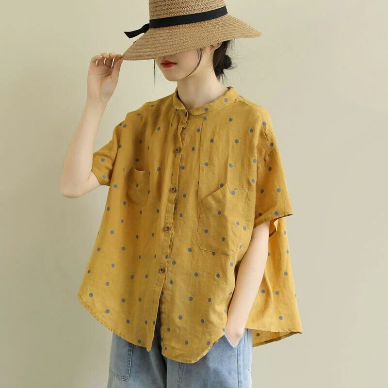 2020 Zomer Nieuwe Arts Stijl Vrouwen Korte Mouw Losse Polka Dot Shirts Alle-Matched Casual Turn-Down Kraag vintage Blouses S891