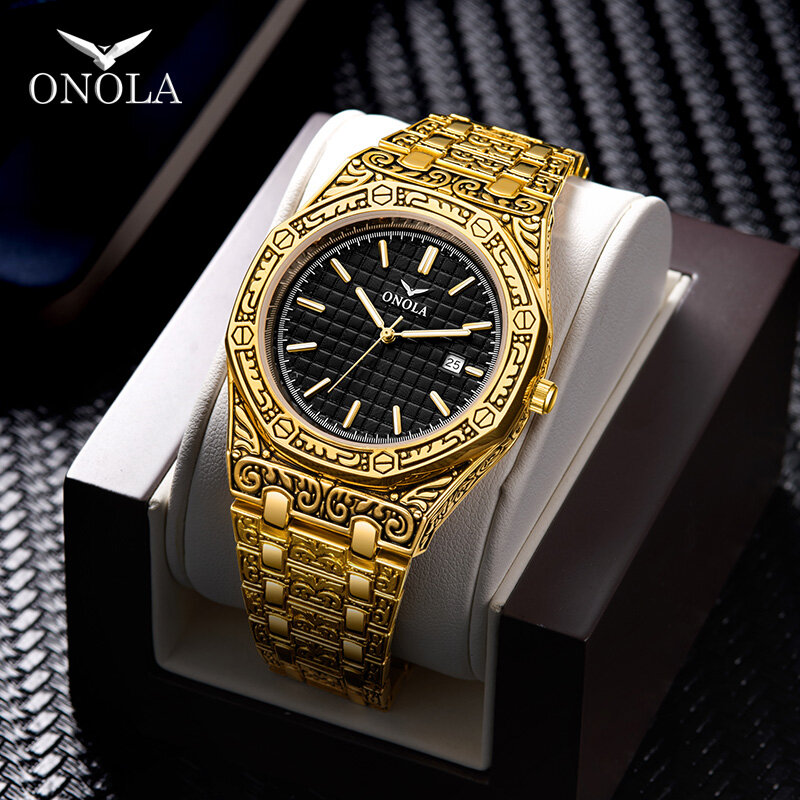 Relógio masculino vintage esculpido, à prova d'água, pulseira de aço original, relógio de pulso, moderno, clássico, designer, marca de luxo, ouro