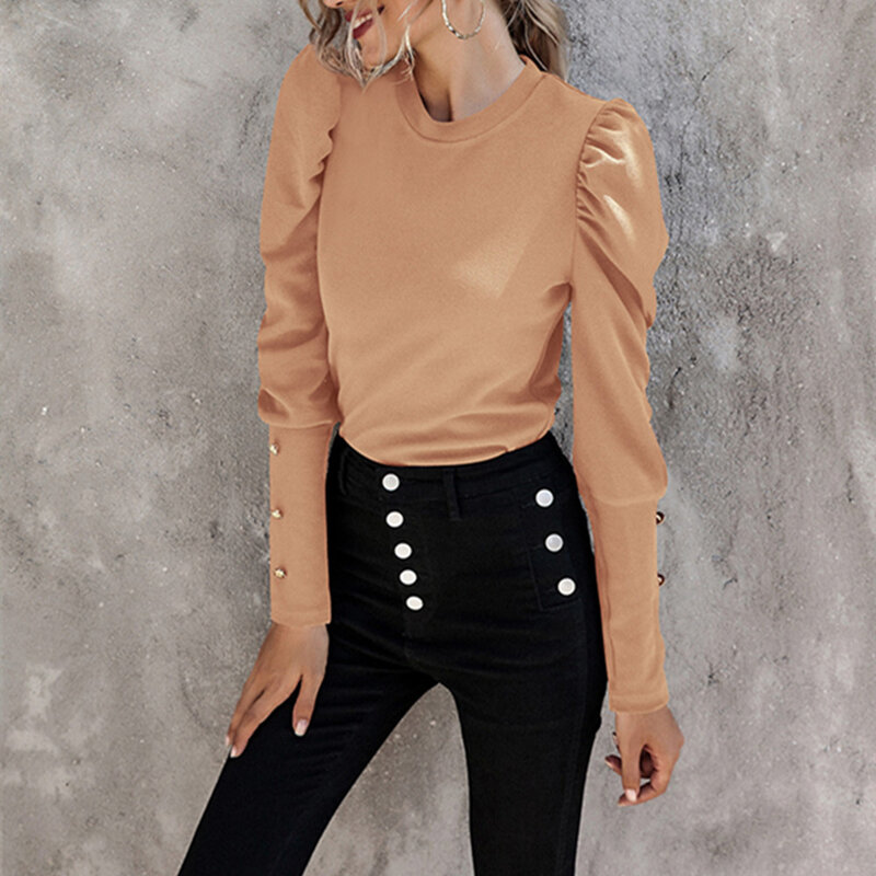 Blusa feminina mangas longas com botão, camisa casual para outono e inverno, gola redonda, elegante, de escritório
