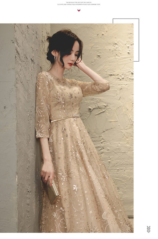 Korean Style Formal Evening Dresses For Women O-Neck Sequined Tea-Length Appliques Sashes Half Sleeve Gentle Celebrity Dresses