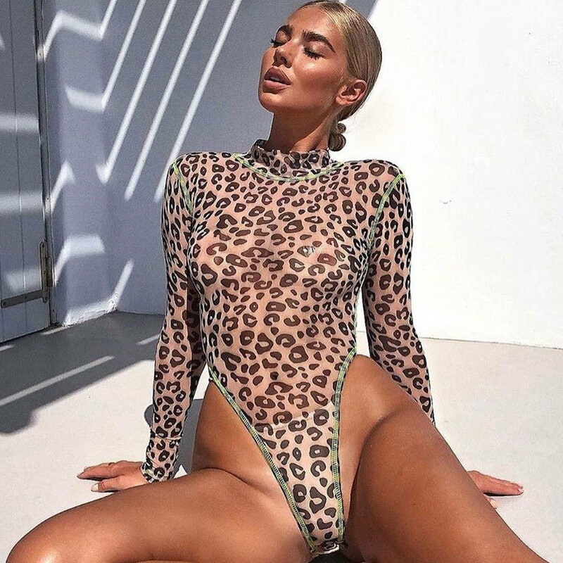 Leopard Bodysuit untuk Wanita Seksi Bodycon Kurus Body Suit Turtleneck Lengan Panjang Playsuit Cetak Baju Monyet Celana Kodok Wanita Rompers