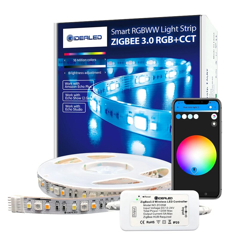 Smart ZigBee 3.0 Kit LED Suasana Dapat Diredupkan dengan 5M RGBCCT Strip Lampu LED Kompatibel dengan Jembatan HUB ZigBee, Echo Plus