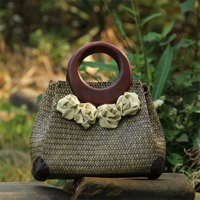 32x21CM Neue Stil Thailand Stroh Tasche Messenger Taschen Schulter Tasche Vintage Farbe Handtasche PU Leder Handgemachte Blumen a6105