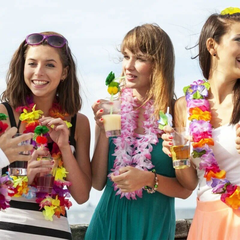 12Pcs Hawaiian Party ประดิษฐ์ดอกไม้ชายหาดดอกไม้ Garland สร้อยคอฮาวายฤดูร้อนงานแต่งงานวันเกิด Tropical Party Decor