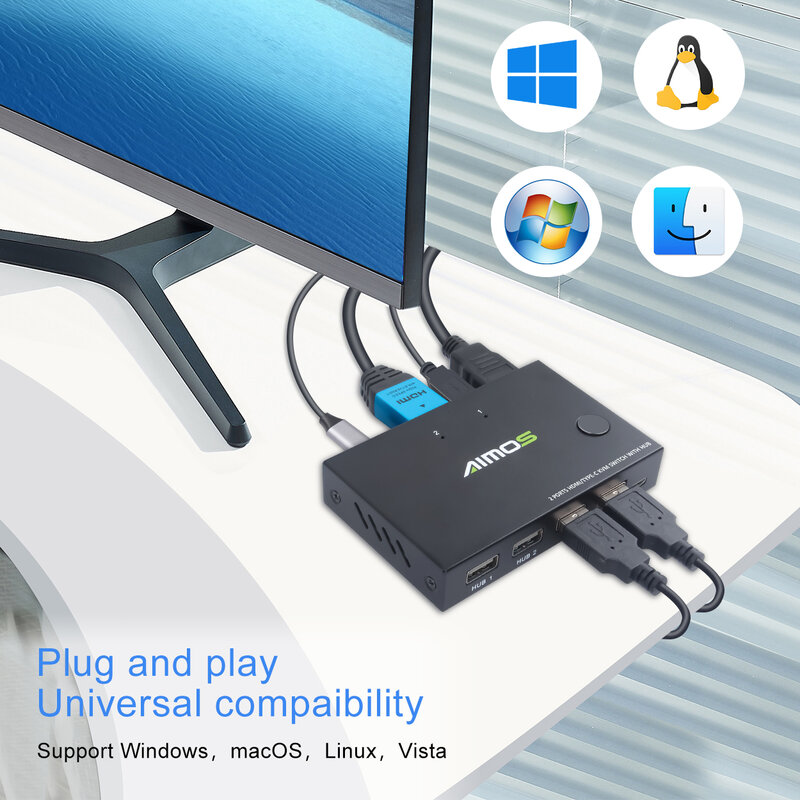 2-портовый USB HD KVM-переключатель, 2-в-1 выход, стандартный KVM-переключатель, 2-портовый 4K HD-принтер, совместное использование компьютерного дисплея, USB мышь и клавиатура