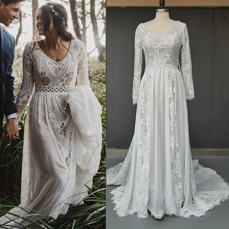 Платье Свадебное шифоновое с открытой спиной, длинными рукавами и V-образным вырезом
