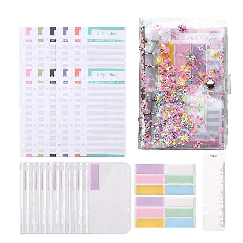 28 Pcs A6 Binder Budget Envelopes PVC Shell Sequins Notebook Cover, with Zipper Pockets,Budget Sheet,Color Stickers,Scale Ruler