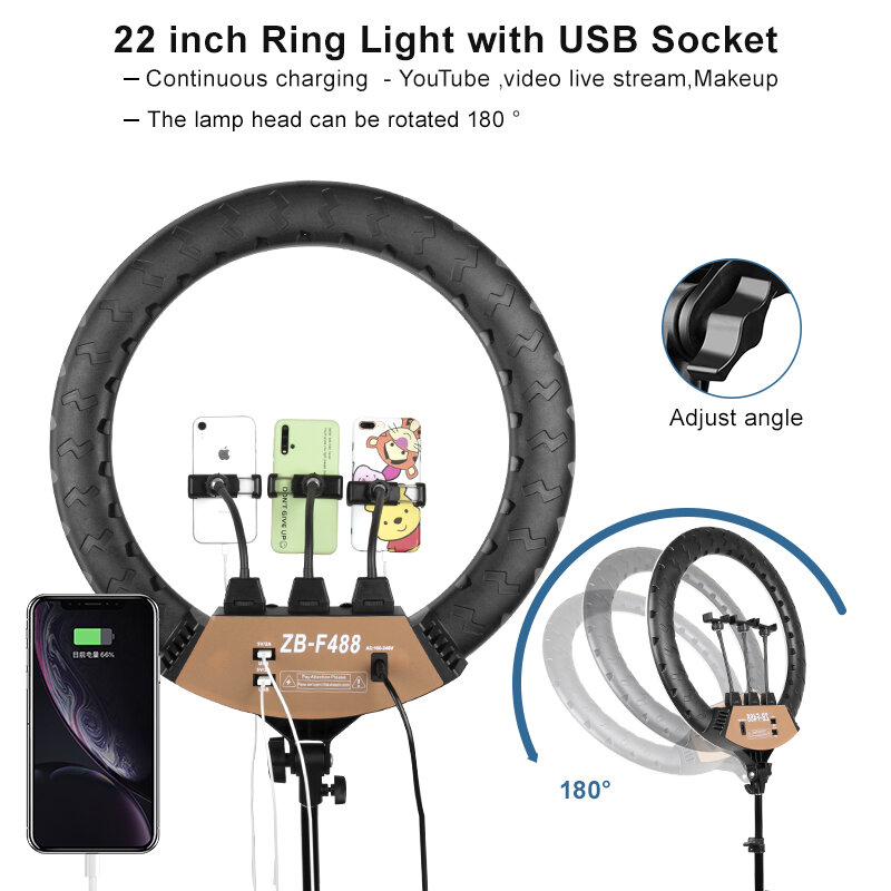 Yizhestudio-anel de luz f488, lâmpada de 22 polegadas, led, com 2m de suporte, para fotografia, kit para câmera, celular, maquiagem, youtube
