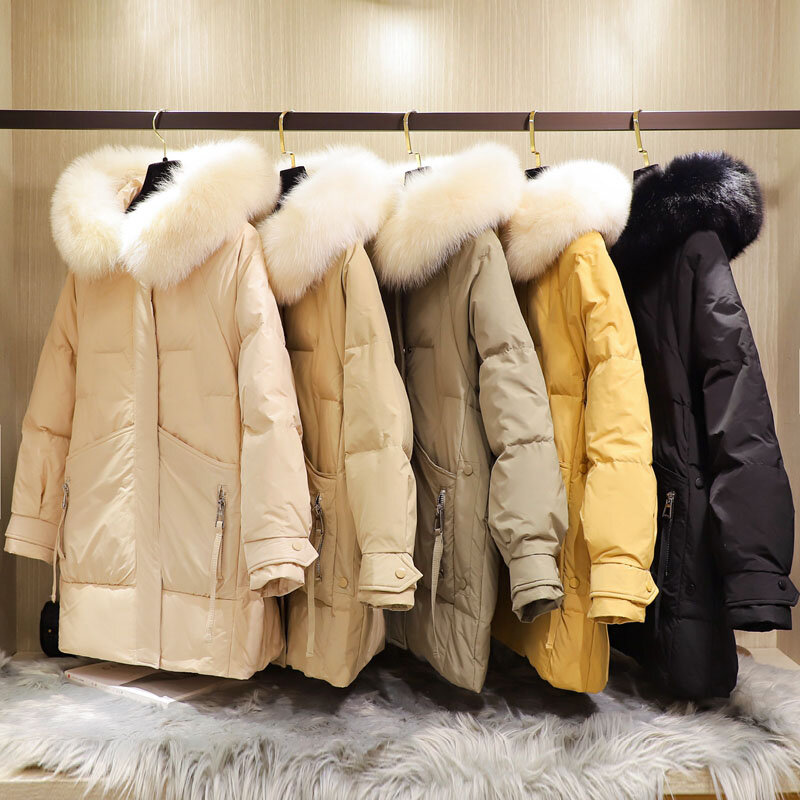 2020 년 안티 시즌 클리어런스 새로운 다운 재킷 여성의 중간 길이 느슨한 한국어 대형 모피 칼라 두꺼운 따뜻한 재킷 조수