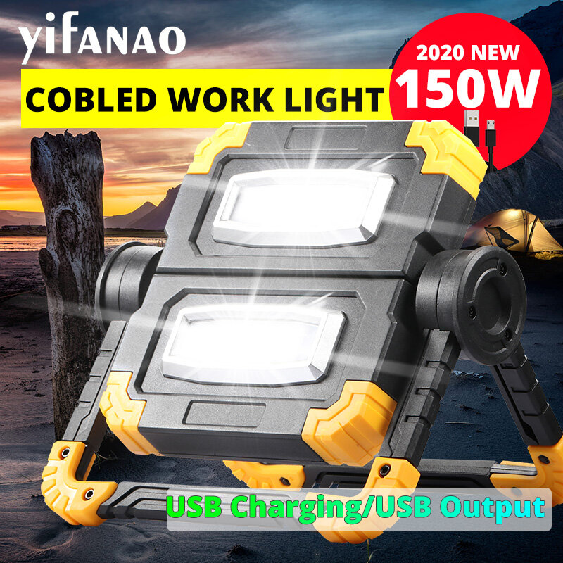 Portable Rotary Outdoor Work Light, 150W, USB Charging, Double Head COB, Anti-Fall Flood Light, Searchlight, Campe, 4000lm