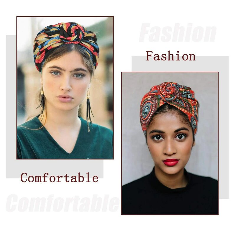 2022 패션 미리 묶은 매듭 머리 랩, 터번 보닛, 아프리카 머리 랩, 보헤미아 무슬림 히잡 모자