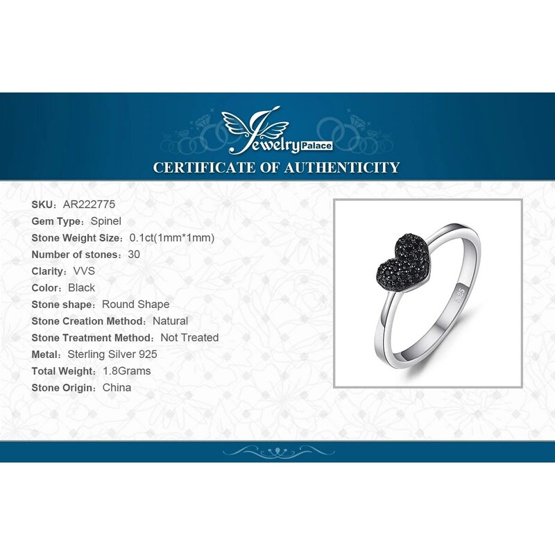 JewelpopPalace-Ensemble de bijoux en argent regardé 925 pour femme, bague, pendentif, collier, boucles d'oreilles, pierre précieuse, spinelle noire naturelle, coeur d'amour