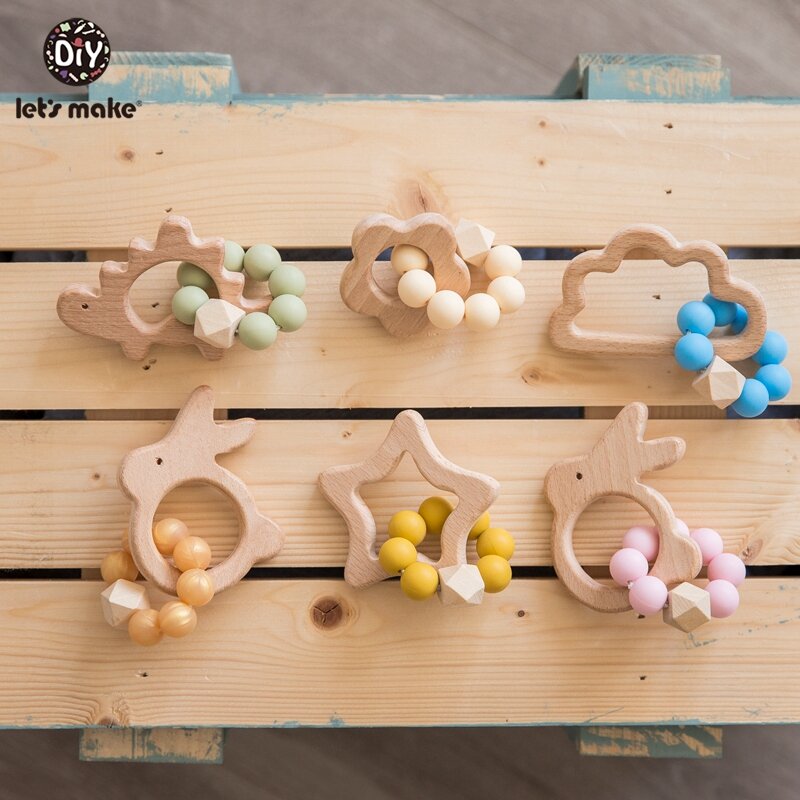 Let's Make – Hochet de dentition en perles de bois et silicone pour bébé, jouets gravés pour berceau de tige minuscule, hexagone de 12 mm, à faire ensemble,