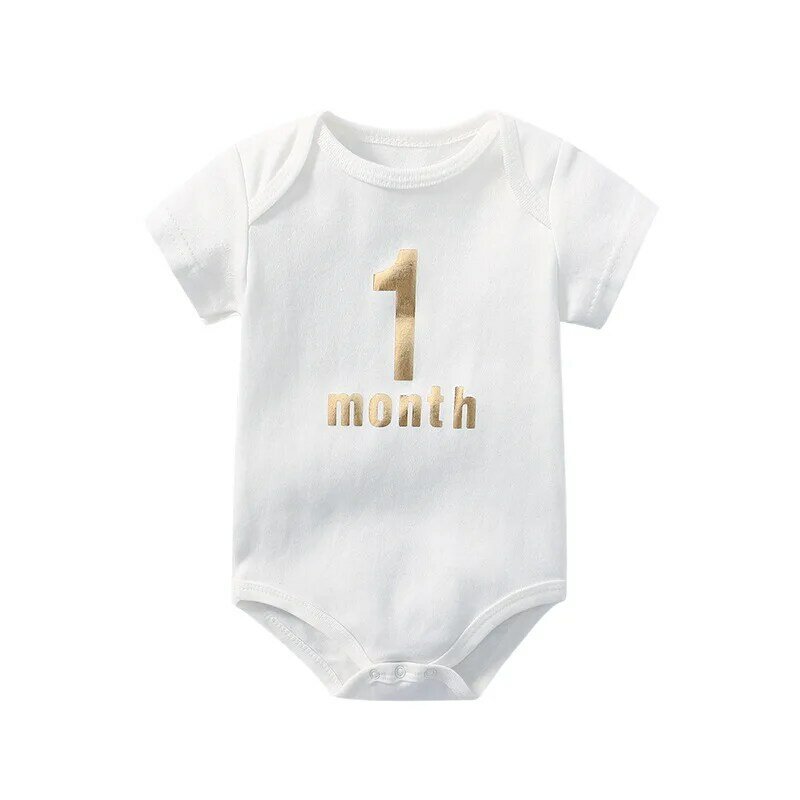 Macacão de algodão para bebês, roupas recém-nascidas, 1 mês de revelação de aniversário, body branco de manga curta, verão