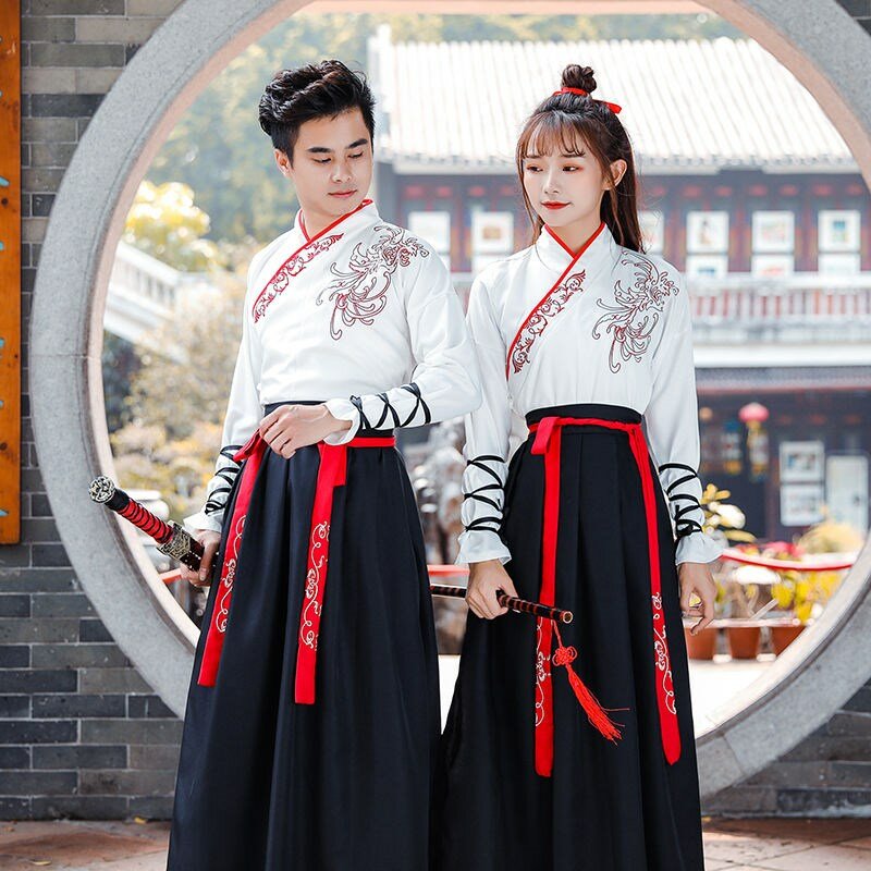 Tang Dynastie Oude Kostuum Hanfu Vrouwen Mannen Chinese Traditionele Plus Size Fee Jurk Lange Mouwen Vrouw Zwaardvechter Folk Dance