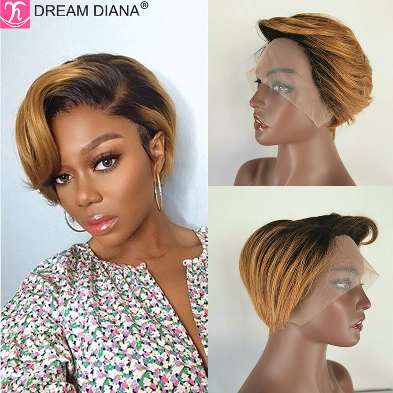 DreamDiana-Peluca de cabello humano liso y sedoso para mujeres negras, postizo de encaje frontal, corte Pixie, pelo brasileño