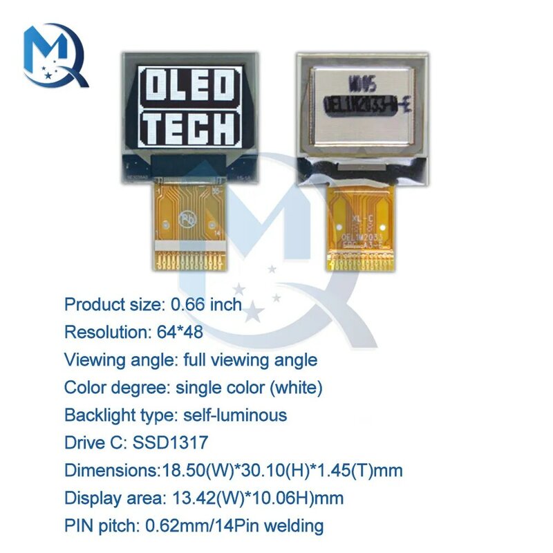 จอแสดงผล OLED 0.66นิ้ว LCD หน้าจอ OEL 1M2033 SSD1317 Driver IC 14Pin 64X48ความละเอียดอินเทอร์เฟซ IIC สำหรับ arduino