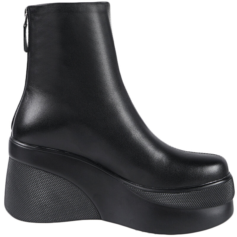 Doratasia botas de couro genuíno para mulheres ankle boots pretas com cunhas de salto alto plataforma nova moda 2020