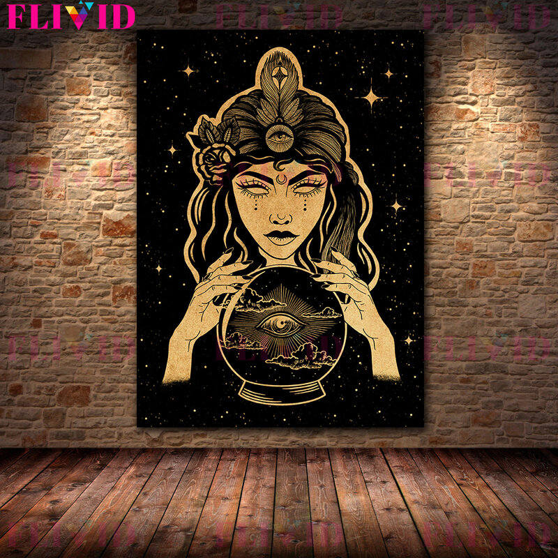 Abstract Witchy Wall Art  Sun And Lunar Moth Black Witch Fortune Teller Art Print Astrology Mystical Artwork Poster And Prints